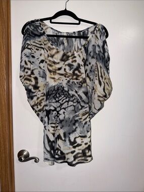Women's Animal Print Dolman Blouse - Gray, Cream & Brown